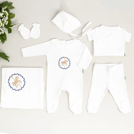 Royal Beyaz Tığ İşi Süslemeli Atlıkarınca Nakışlı (laci-Bej) 7 li Organik Hastane Çıkışı