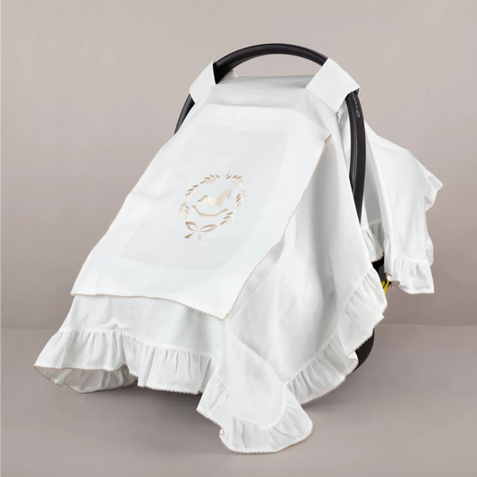 Asil Bej Çelenkli At Nakışlı Bej Tığ işi Süslemeli Fırfırlı Puset Örtüsü