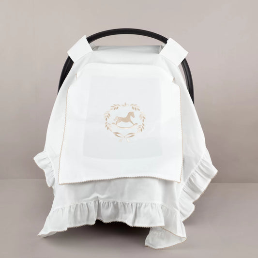 Asil Bej Çelenkli At Nakışlı Bej Tığ işi Süslemeli Fırfırlı Puset Örtüsü