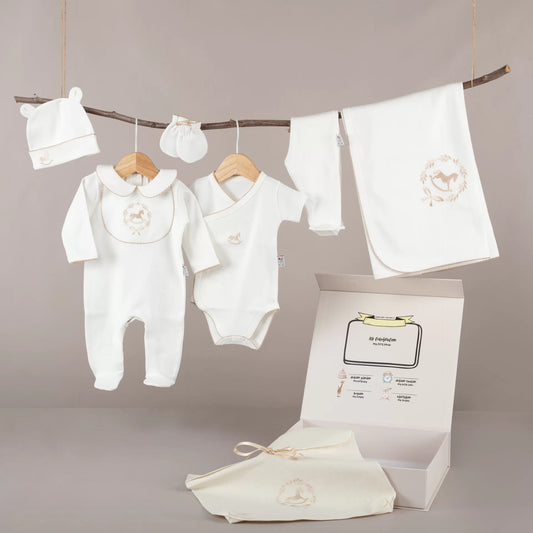 Asil Bej Tığ İşi Süslemeli Çelenkli At Nakışlı 6'lı Organik Hastane Çıkışı