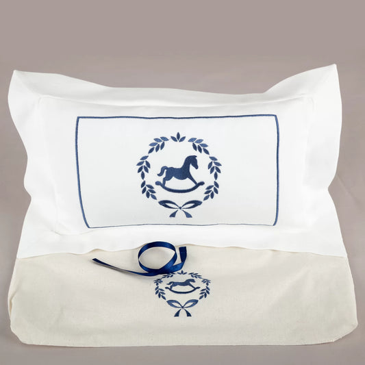 Asil İndigo Çelenkli At Nakışlı Köşeli Dekoratif Yastık