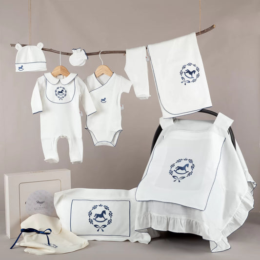 Asil İndigo Tığ İşi Süslemeli Çelenkli At Nakışlı 8' li Organik Hastane Çıkışı