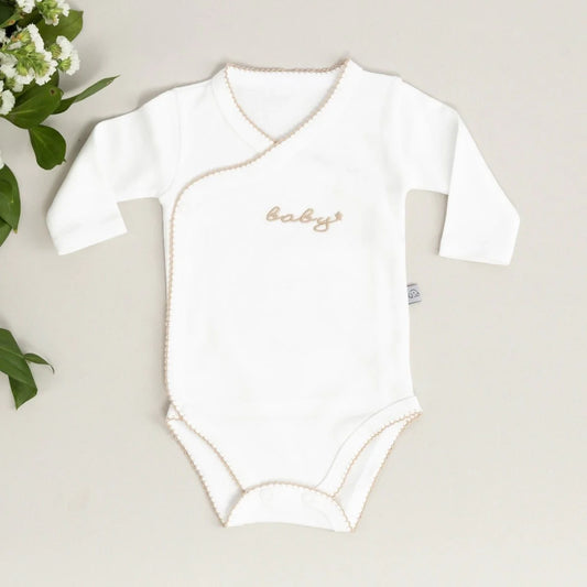 Baby Nakışlı Bej Tığ İşi Süslemeli Organik Uzun Kollu Zarf Zıbın