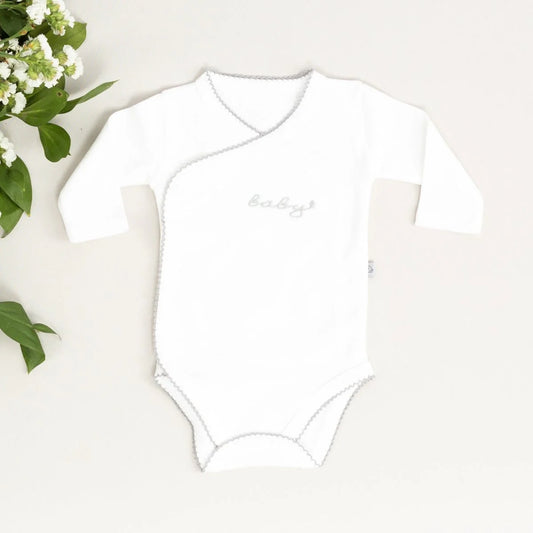 Baby Nakışlı Gri Tığ İşi Süslemeli Organik Uzun Kollu Zarf Zıbın