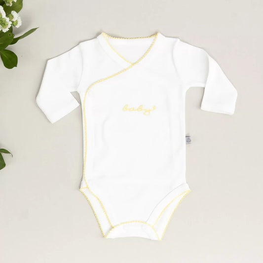 Baby Nakışlı Sarı Tığ İşi Süslemeli Organik Uzun Kollu Zarf Zıbın