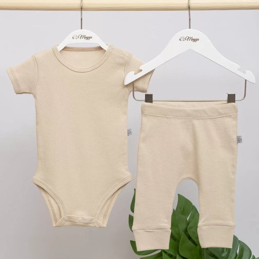 Bej Kısa Kol Body ve Pantolon Set | Organik Pamuk