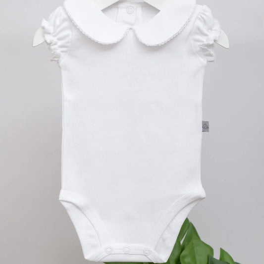 Tığ işi Süslemeli Kısa Büzgü Kol Bebe Yaka Body | Organik Pamuk