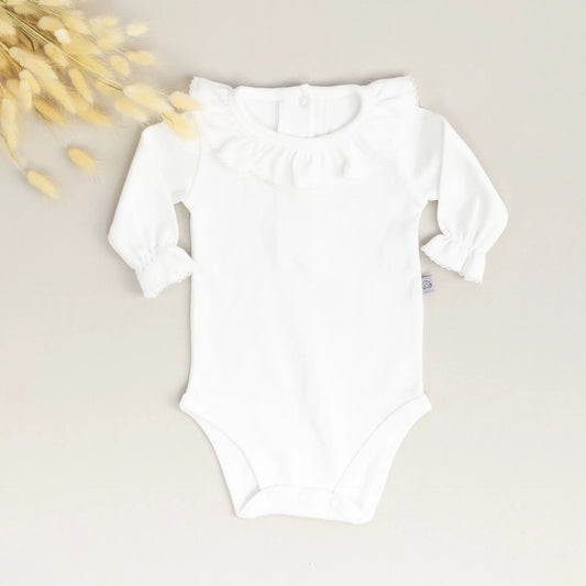 Tığ işi Süslemeli Uzun Büzgü Kol Bebe Yaka Body | Organik Pamuk