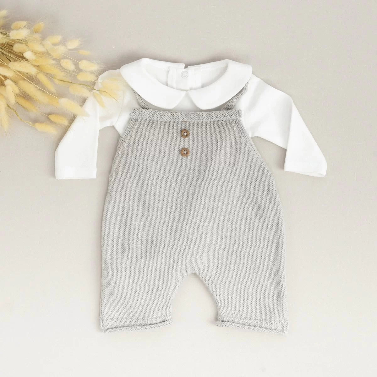 Düğmeli Gri Salopet ve Bebe Yaka Body 0-3 Ay | Organik Pamuk