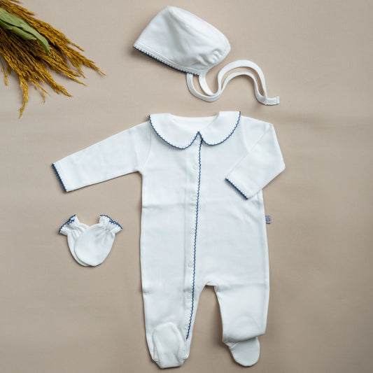 Elegant İndigo Mavi Tığ İşi Süslemeli 4' lü Organik Hastane Çıkışı