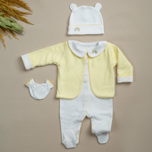 Elegant Sarı Tığ İşi Süslemeli Gökkuşağı El Nakışlı Hırkalı 5'li Organik Hastane Çıkışı