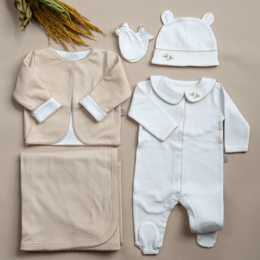 Elegant Bej Tığ İşi Süslemeli Hindiba El Nakışlı Hırkalı 6' lı Organik Hastane Çıkışı