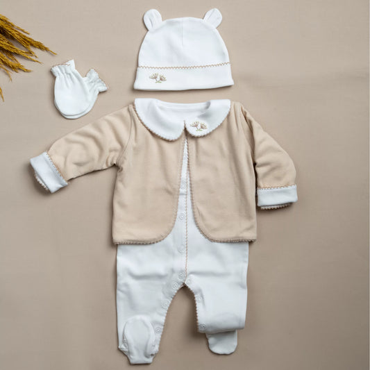 Elegant Bej Tığ İşi Süslemeli Hindiba El Nakışlı Hırkalı 6' lı Organik Hastane Çıkışı