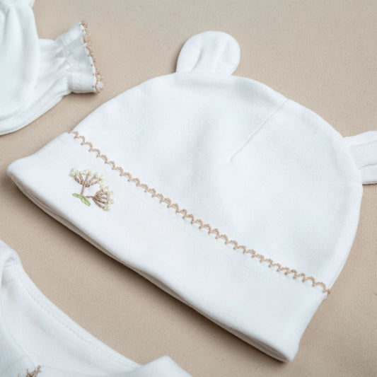 Elegant Bej Tığ İşi Süslemeli Hindiba El Nakışlı 5'li Organik Hastane Çıkışı