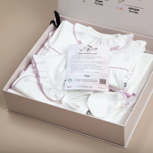 Lady LilaTığ İşi Süslemeli Fırfırlı 9'lu Kız Bebek Organik Hastane Çıkışı