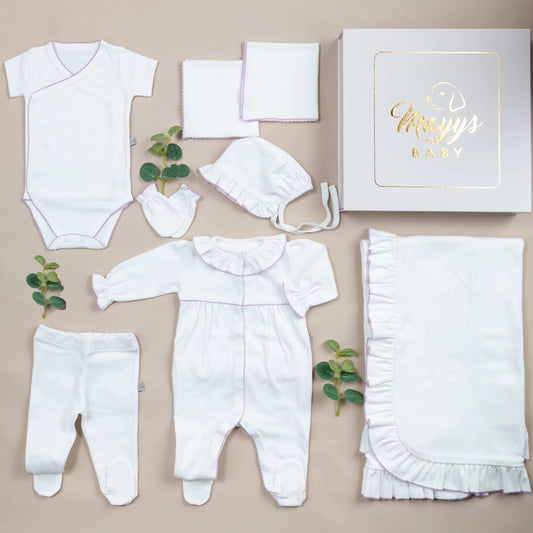 Lady LilaTığ İşi Süslemeli Fırfırlı 9'lu Kız Bebek Organik Hastane Çıkışı