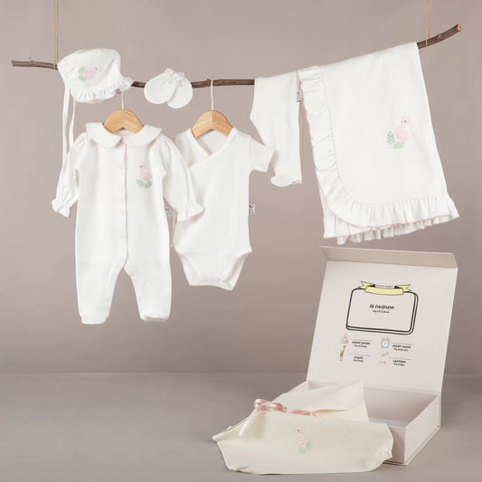 Nazenin Flamingo Nakışlı Pembe Tığ işi Süslemeli Organik 6'lı Hastane Çıkışı