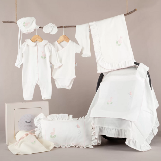 Nazenin Flamingo Nakışlı Pembe Tığ işi Süslemeli Organik 8'li Hastane Çıkışı