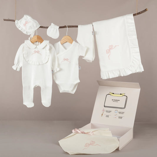 Nazenin Pembe Fiyonk Nakışlı Ekru Tığ işi Süslemeli Organik 6'lı Hastane Çıkışı