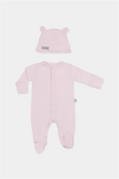Pembe Basic Patikli Tulum ve Şapka Set | Organik Pamuk