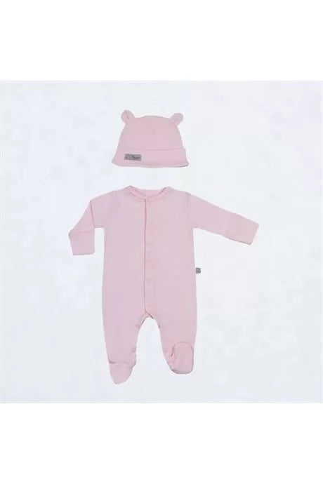 Pembe Basic Patikli Tulum ve Şapka Set | Organik Pamuk