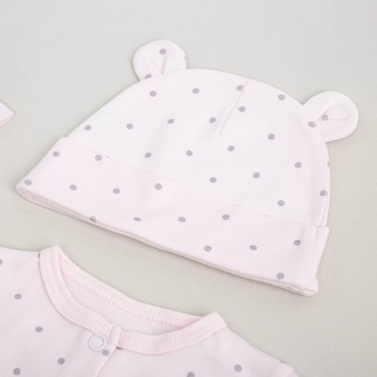 Pembe Puantiyeli Tulum ve Şapka Yeni Doğan Set | Organik Pamuk
