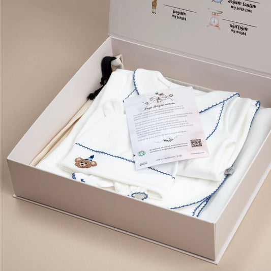 Royal İndigo Tığ İşi Süslemeli Bubu Party Nakışlı 5' li Organik Hastane Çıkışı