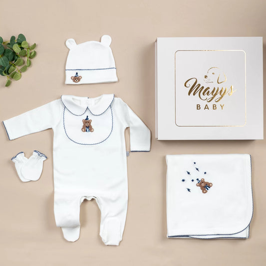 Royal İndigo Tığ İşi Süslemeli Bubu Party Nakışlı 5' li Organik Hastane Çıkışı