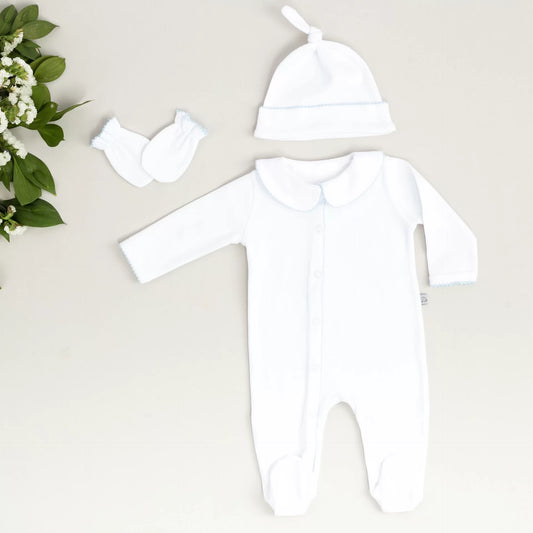 Elegant Bebe Mavi Tığ İşi Süslemeli 4' lü Organik Hastane Çıkışı