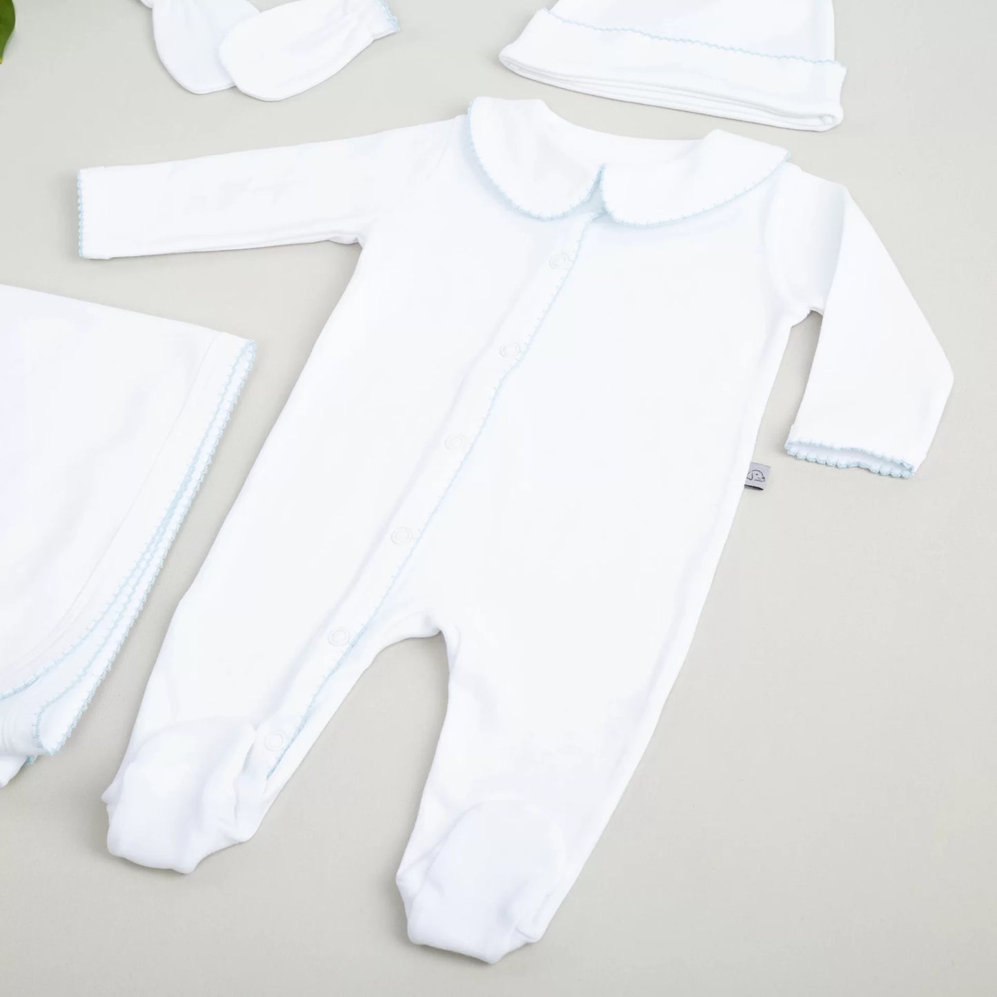 Elegant Bebe Mavi Tığ İşi Süslemeli 4' lü Organik Hastane Çıkışı