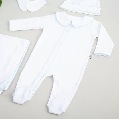 Elegant Bebe Mavi Tığ İşi Süslemeli 4' lü Organik Hastane Çıkışı