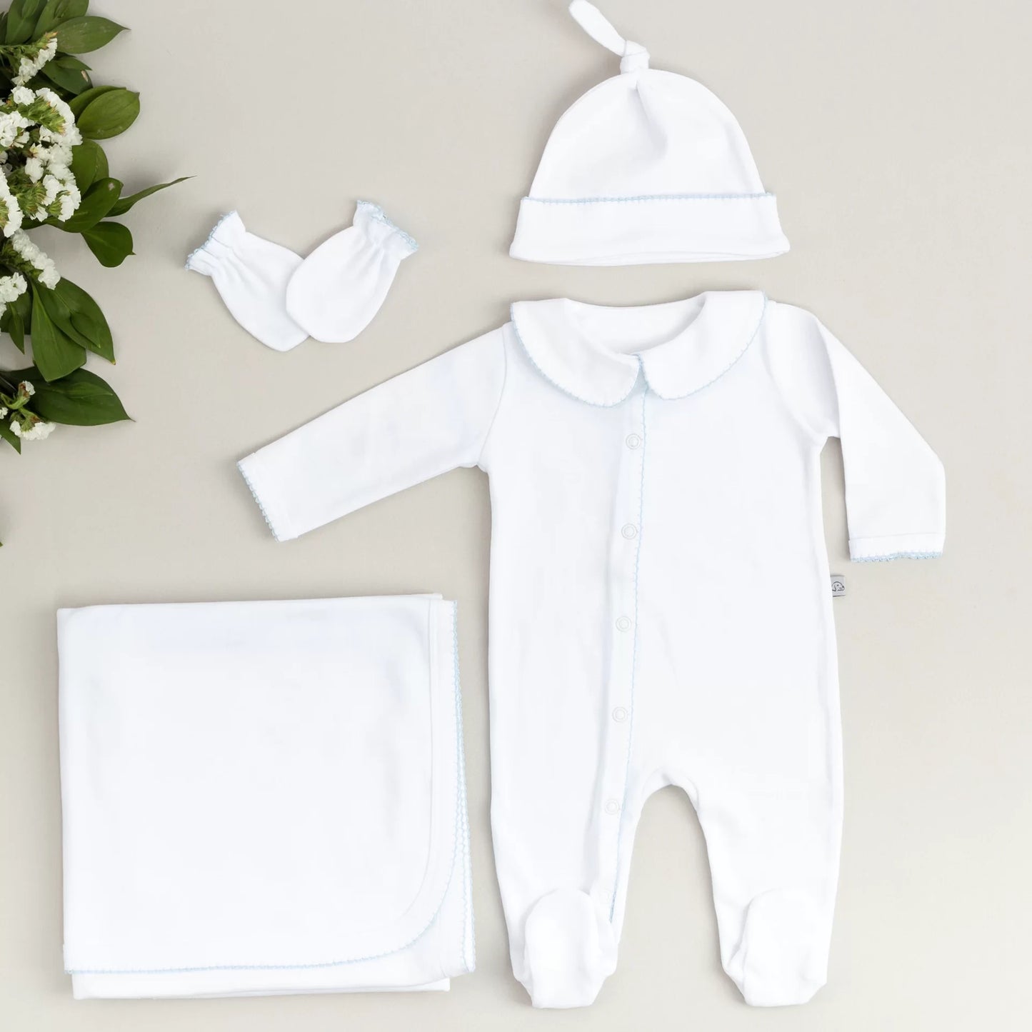 Elegant Bebe Mavi Tığ İşi Süslemeli 5' li Organik Hastane Çıkışı
