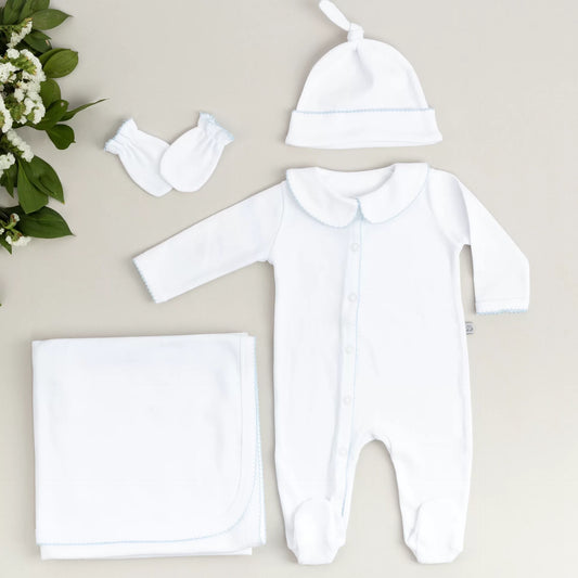 Elegant Bebe Mavi Tığ İşi Süslemeli 5' li Organik Hastane Çıkışı