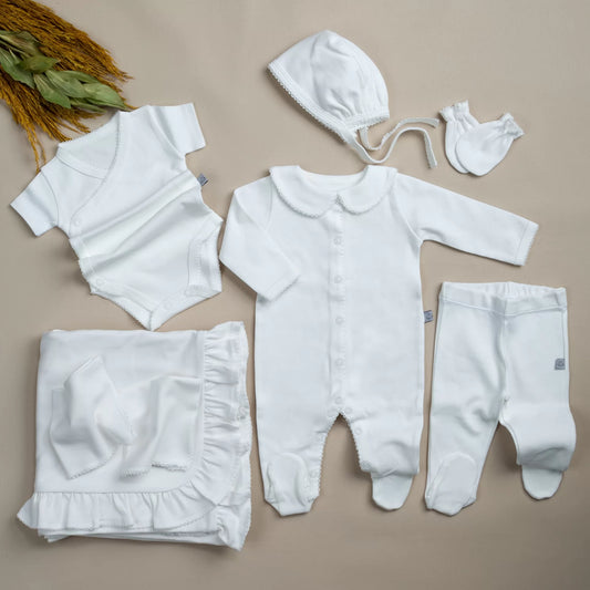 Elegant Tığ İşi Süslemeli 9'lu Unisex Organik Hastane Çıkışı