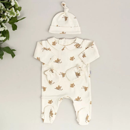 Koala Bebe Yaka Tulum , Eldiven , Şapka Organik Yeni Doğan Set