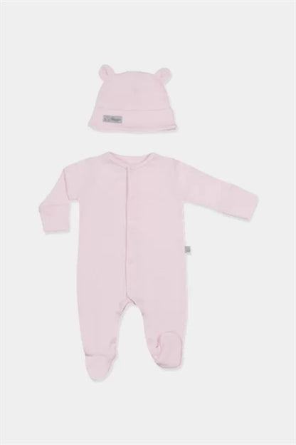 Pembe Basic Patikli Tulum ve Şapka Set | Organik Pamuk