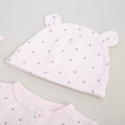 Pembe Puantiyeli Tulum ve Şapka Yeni Doğan Set | Organik Pamuk