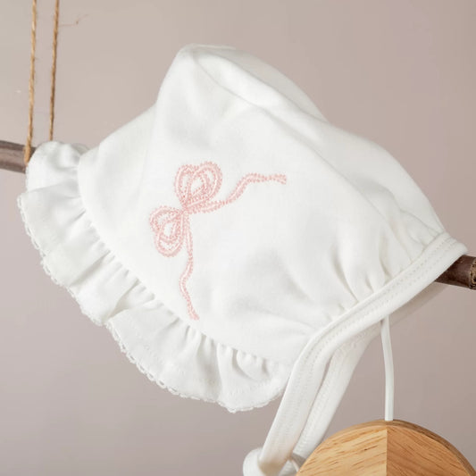 Nazenin Pembe Fiyonk Nakışlı Ekru Tığ işi Süslemeli Organik 8'li Hastane Çıkışı